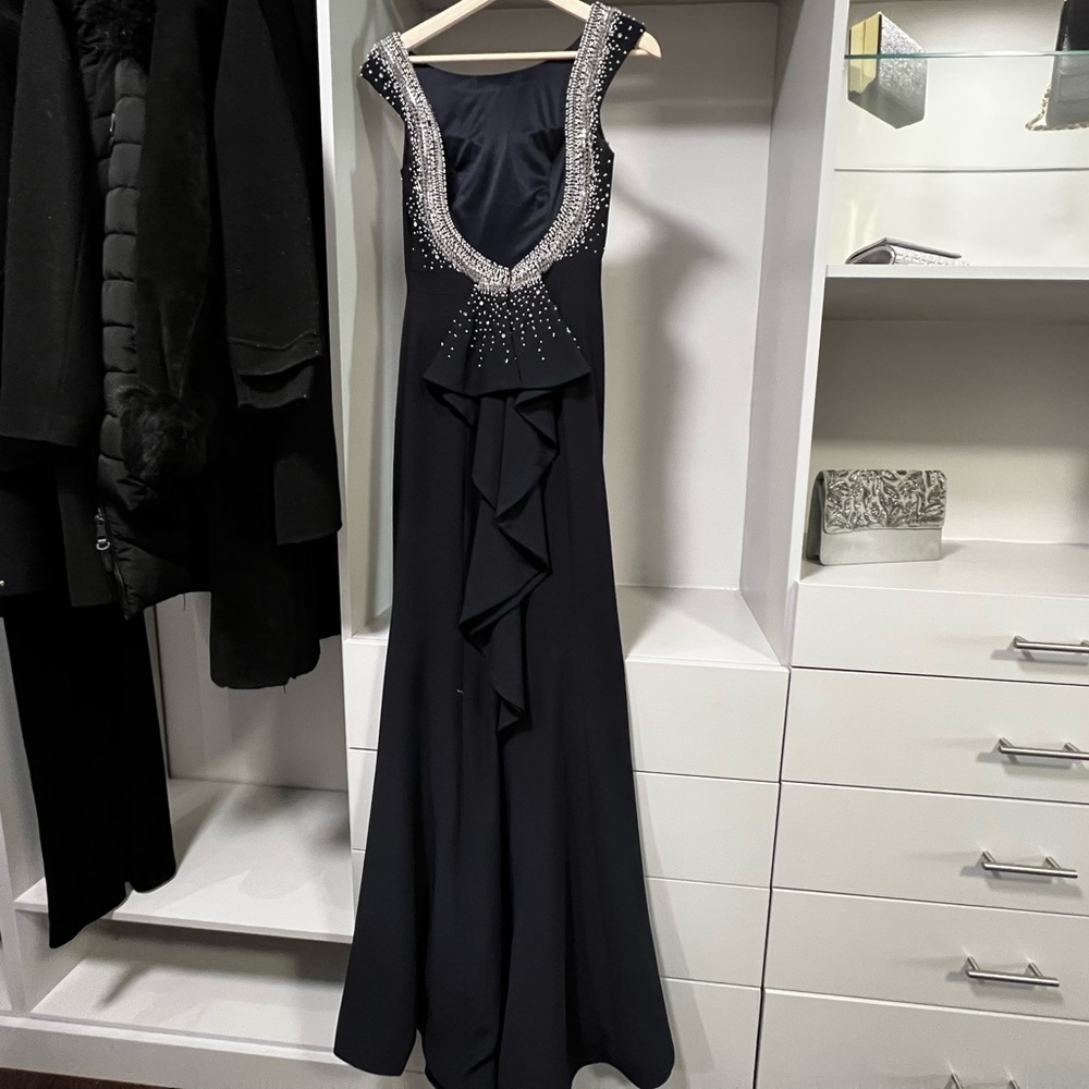 Camille La Vie Evening Gown in Dark Navy Blue with Embroidered Back